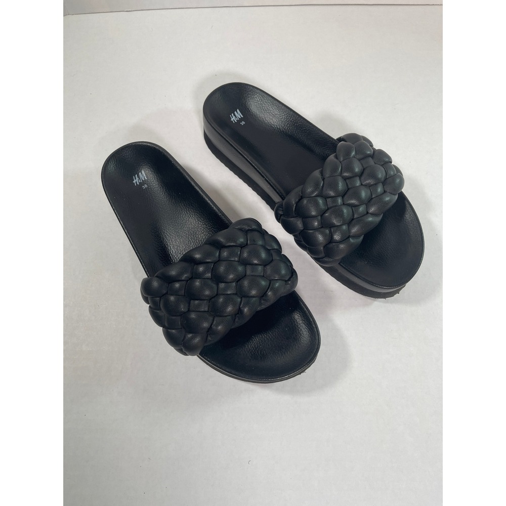 HM Black Braided Puffy Strap Platform Slide Sandals Womens Size 36 US 6 - Picture 6 of 12